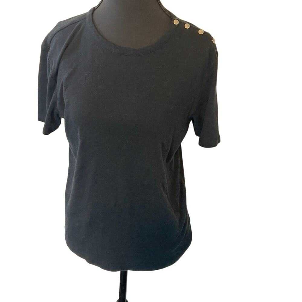 Chaps Womens Large L Black Short Sleeve Top Gold Button Accent Shoulder Tee EUC